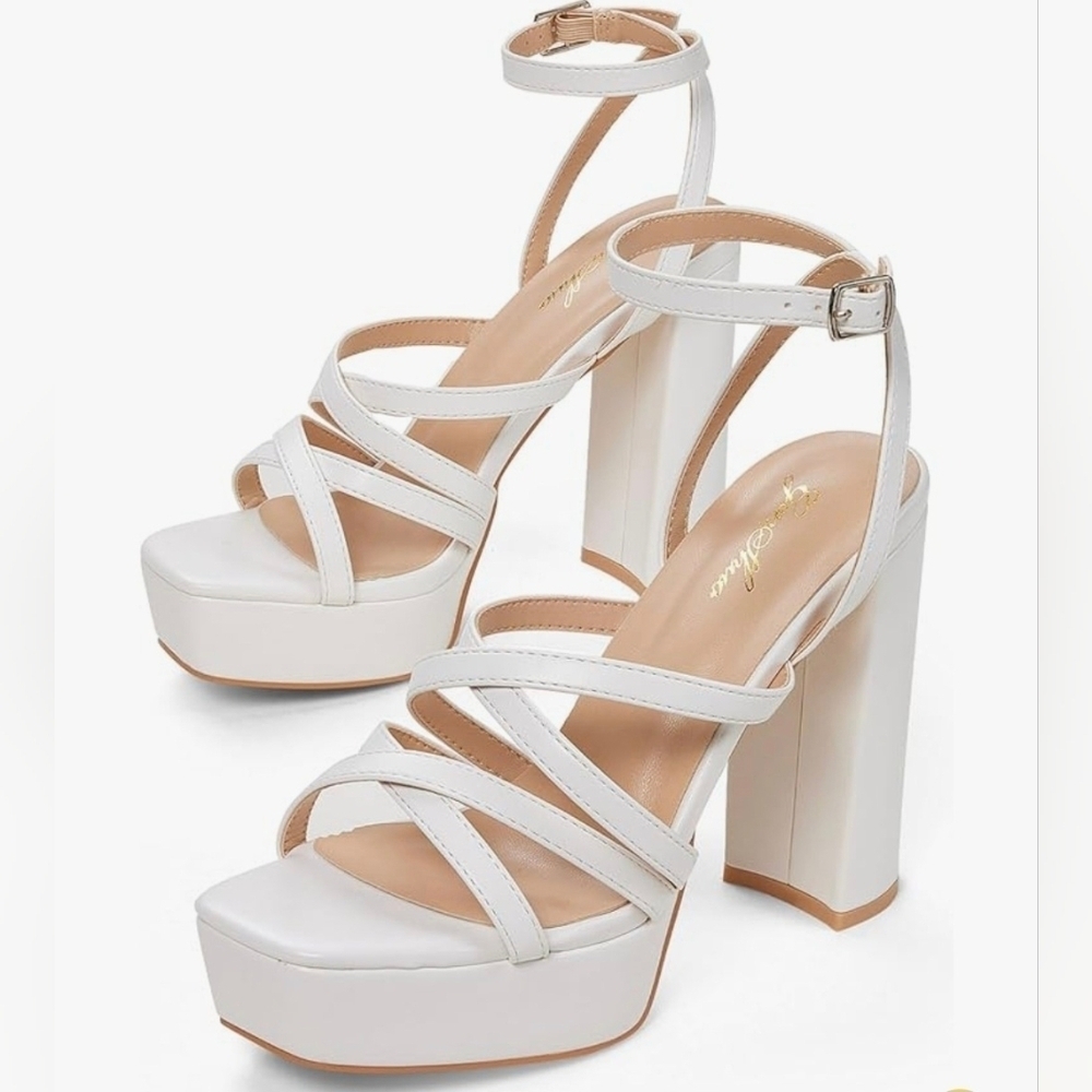 Genshuo White Strappy Platform Heels #937